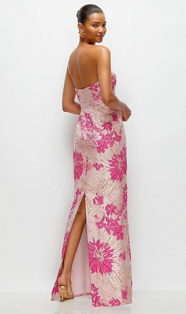 Back View - Hibiscus Pink Multi Hibiscus Pink Strapless Floral Jacquard Column Dress with Back Slit