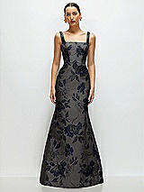 Front View Thumbnail - Noir Midnight Navy Noir Midnight Navy Floral Metallic Jacquard Square Neck Maxi Dress with Trumpet Skirt