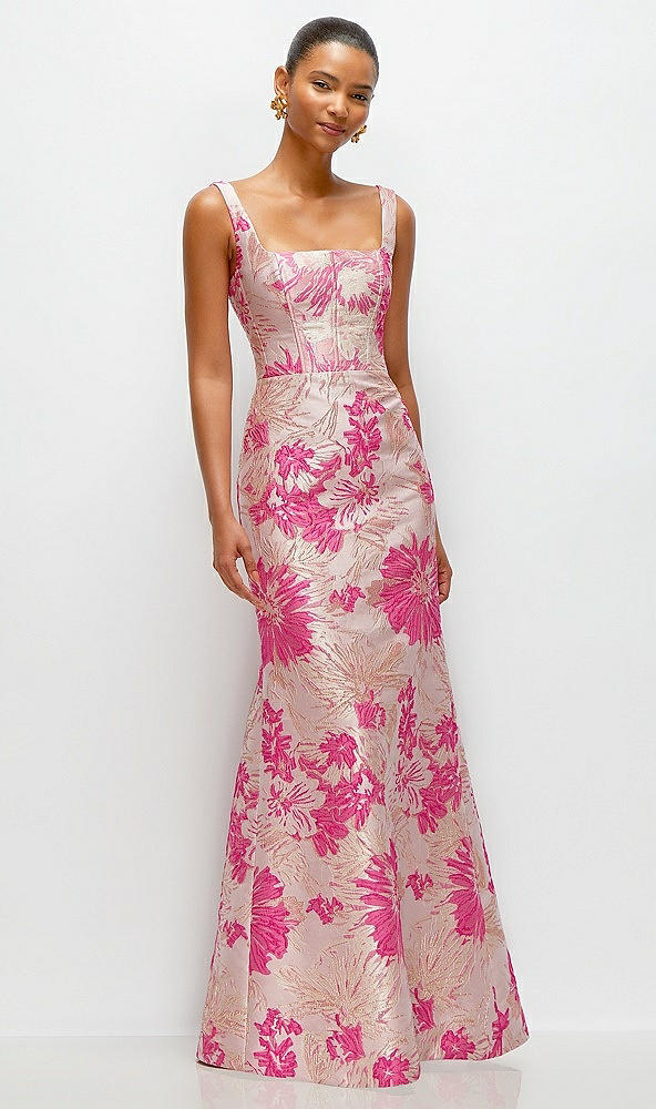 Front View - Hibiscus Pink Multi Hibiscus Pink Floral Jacquard Square Neck Maxi Dress with Trumpet Skirt