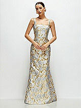 Alt View 1 Thumbnail - Winter Mist Gold Leaf Brocade Floral Square Neck Maxi Dress with Trumpet Skirt