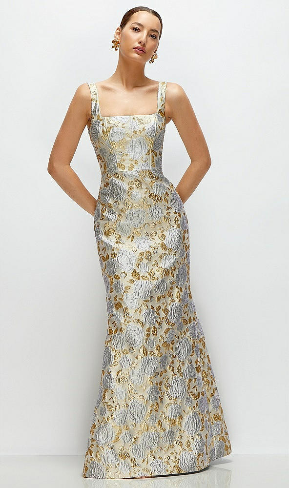 Front View - Winter Mist Gold Leaf Brocade Floral Square Neck Maxi Dress with Trumpet Skirt