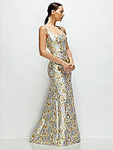 Side View Thumbnail - Winter Mist Gold Leaf Brocade Floral Square Neck Maxi Dress with Trumpet Skirt