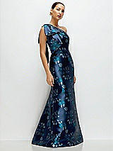 Side View Thumbnail - Midnight Navy Damask Midnight Navy Bow One-Shoulder Baroque Rose Damask Maxi Dress with Trumpet Skirt