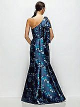 Rear View Thumbnail - Midnight Navy Damask Midnight Navy Bow One-Shoulder Baroque Rose Damask Maxi Dress with Trumpet Skirt