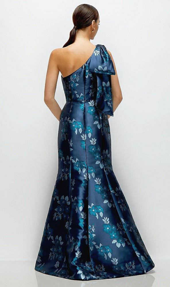 Back View - Midnight Navy Damask Midnight Navy Bow One-Shoulder Baroque Rose Damask Maxi Dress with Trumpet Skirt