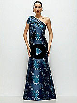 Video 1 Thumbnail - Midnight Navy Damask Midnight Navy Bow One-Shoulder Baroque Rose Damask Maxi Dress with Trumpet Skirt