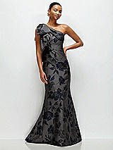 Front View Thumbnail - Noir Midnight Navy Noir Midnight Navy Bow One-Shoulder Floral Metallic Jacquard Maxi Dress with Trumpet Skirt