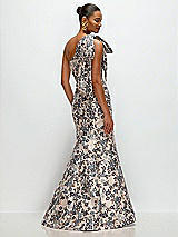 Rear View Thumbnail - Indigo Midnight Bow One-Shoulder Gilt Indigo Brocade Floral Maxi Dress with Trumpet Skirt