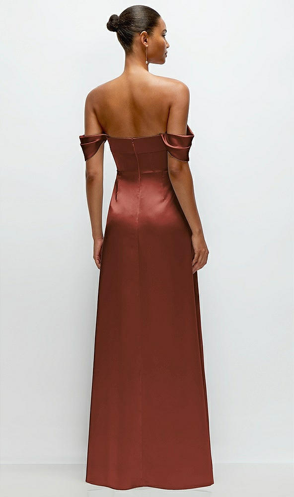 Back View - Auburn Moon A-Line Satin Maxi Dress with Convertible Off-the-Shoulder or Strapless Looks 