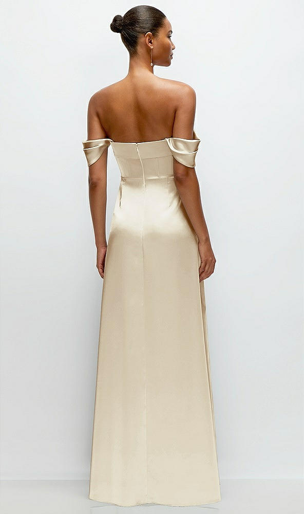 Back View - Champagne A-Line Satin Maxi Dress with Convertible Off-the-Shoulder or Strapless Looks 