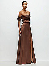 Side View Thumbnail - Cognac A-Line Satin Maxi Dress with Convertible Off-the-Shoulder or Strapless Looks 