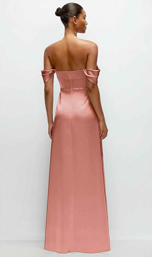 Back View - Desert Rose A-Line Satin Maxi Dress with Convertible Off-the-Shoulder or Strapless Looks 