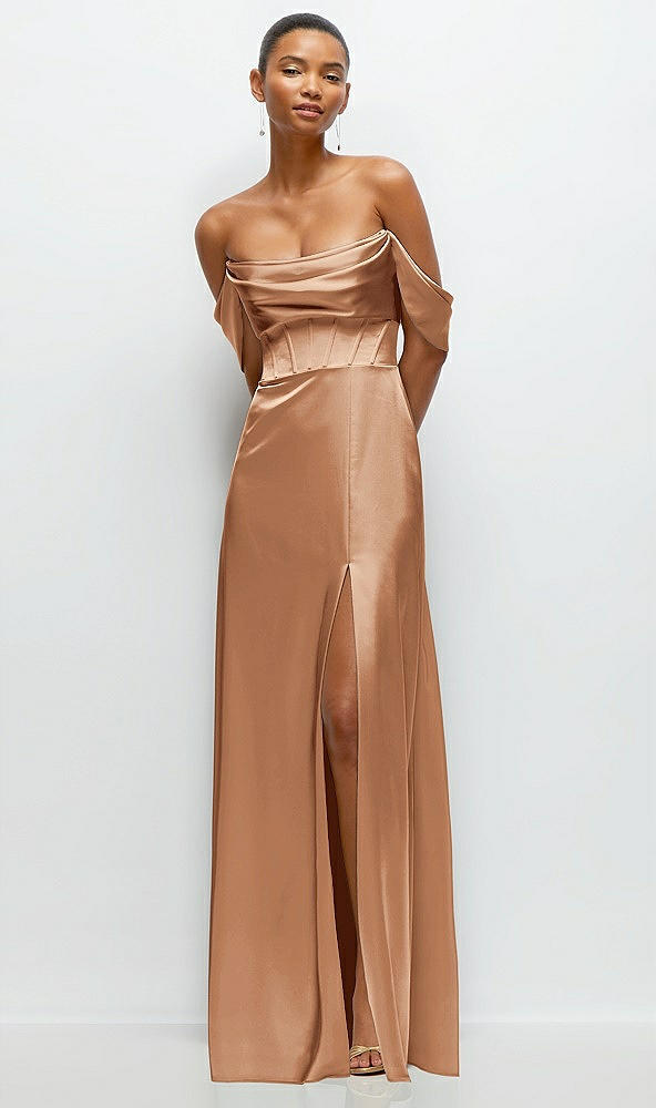 Front View - Toffee A-Line Satin Maxi Dress with Convertible Off-the-Shoulder or Strapless Looks 