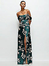 Front View Thumbnail - Vintage Primrose Evergreen Floral A-Line Satin Maxi Dress with Convertible Off-the-Shoulder or Strapless Looks 