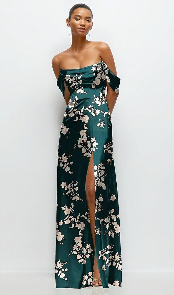 Front View - Vintage Primrose Evergreen Floral A-Line Satin Maxi Dress with Convertible Off-the-Shoulder or Strapless Looks 