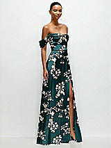 Side View Thumbnail - Vintage Primrose Evergreen Floral A-Line Satin Maxi Dress with Convertible Off-the-Shoulder or Strapless Looks 