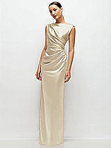 Side View Thumbnail - Champagne High Neck Sleeveless Cap Shoulder Satin Maxi Dress