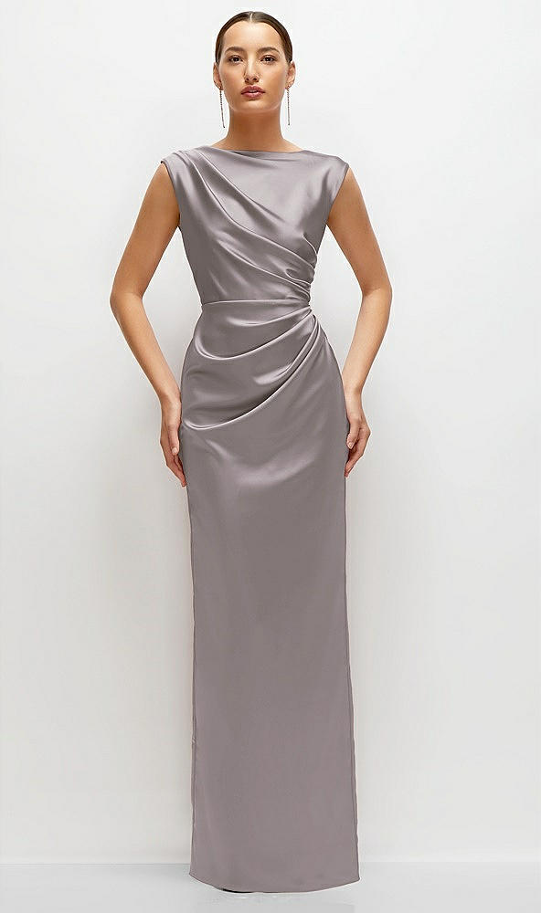 Front View - Cashmere Gray High Neck Sleeveless Cap Shoulder Satin Maxi Dress