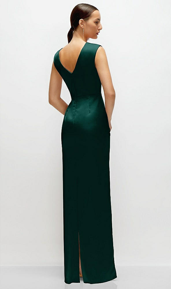 Back View - Evergreen High Neck Sleeveless Cap Shoulder Satin Maxi Dress