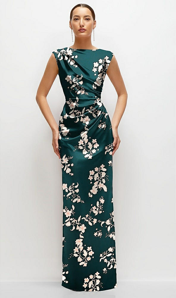 Front View - Vintage Primrose Evergreen Floral High Neck Sleeveless Cap Shoulder Satin Maxi Dress