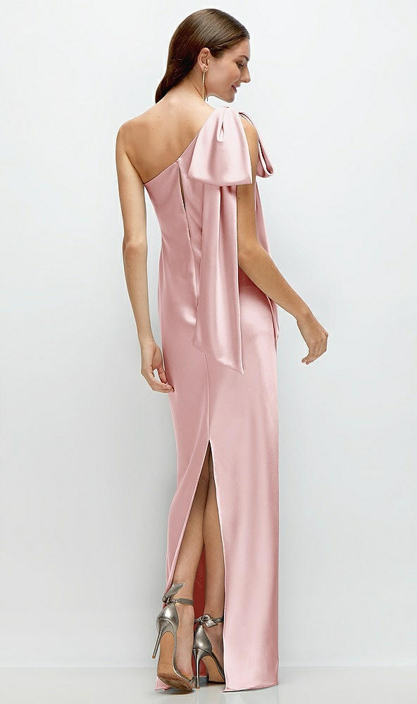 Back View - Ballet Pink One-Shoulder Bias-Cut Satin Maxi Dress with Cascading Shoulder Bow