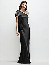 Front View Thumbnail - Black One-Shoulder Bias-Cut Satin Maxi Dress with Cascading Shoulder Bow