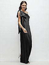 Side View Thumbnail - Black One-Shoulder Bias-Cut Satin Maxi Dress with Cascading Shoulder Bow