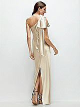 Rear View Thumbnail - Champagne One-Shoulder Bias-Cut Satin Maxi Dress with Cascading Shoulder Bow