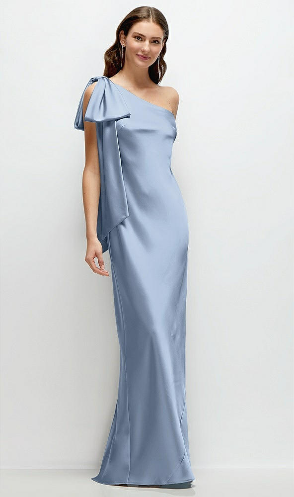 Front View - Cloudy One-Shoulder Bias-Cut Satin Maxi Dress with Cascading Shoulder Bow