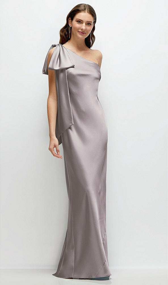 Front View - Cashmere Gray One-Shoulder Bias-Cut Satin Maxi Dress with Cascading Shoulder Bow