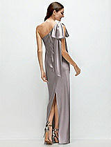 Rear View Thumbnail - Cashmere Gray One-Shoulder Bias-Cut Satin Maxi Dress with Cascading Shoulder Bow