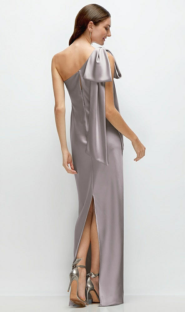 Back View - Cashmere Gray One-Shoulder Bias-Cut Satin Maxi Dress with Cascading Shoulder Bow