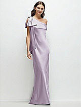 Front View Thumbnail - Lilac Haze One-Shoulder Bias-Cut Satin Maxi Dress with Cascading Shoulder Bow