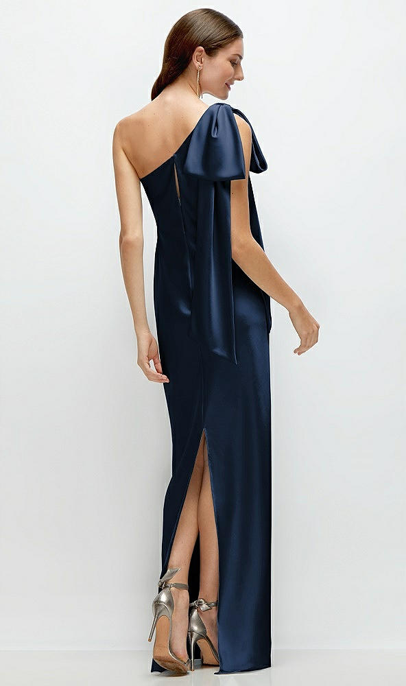 Back View - Midnight Navy One-Shoulder Bias-Cut Satin Maxi Dress with Cascading Shoulder Bow