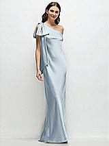 Front View Thumbnail - Mist One-Shoulder Bias-Cut Satin Maxi Dress with Cascading Shoulder Bow