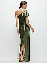 Rear View Thumbnail - Olive Green One-Shoulder Bias-Cut Satin Maxi Dress with Cascading Shoulder Bow