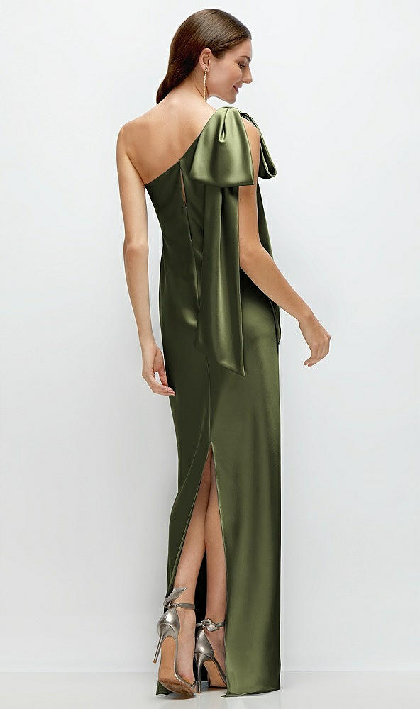 Back View - Olive Green One-Shoulder Bias-Cut Satin Maxi Dress with Cascading Shoulder Bow