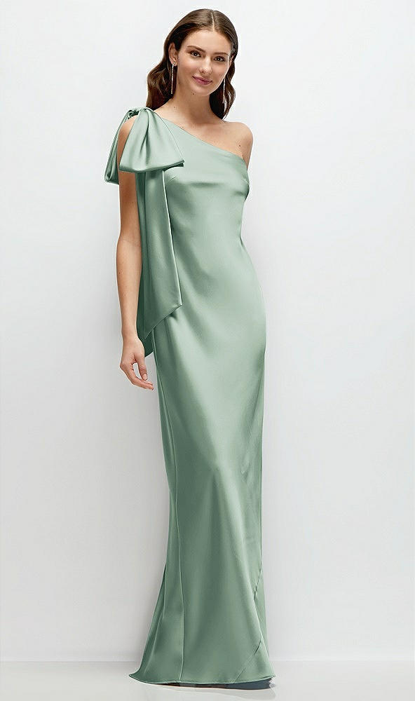 Front View - Seagrass One-Shoulder Bias-Cut Satin Maxi Dress with Cascading Shoulder Bow