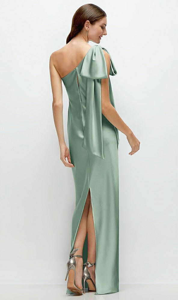 Back View - Seagrass One-Shoulder Bias-Cut Satin Maxi Dress with Cascading Shoulder Bow