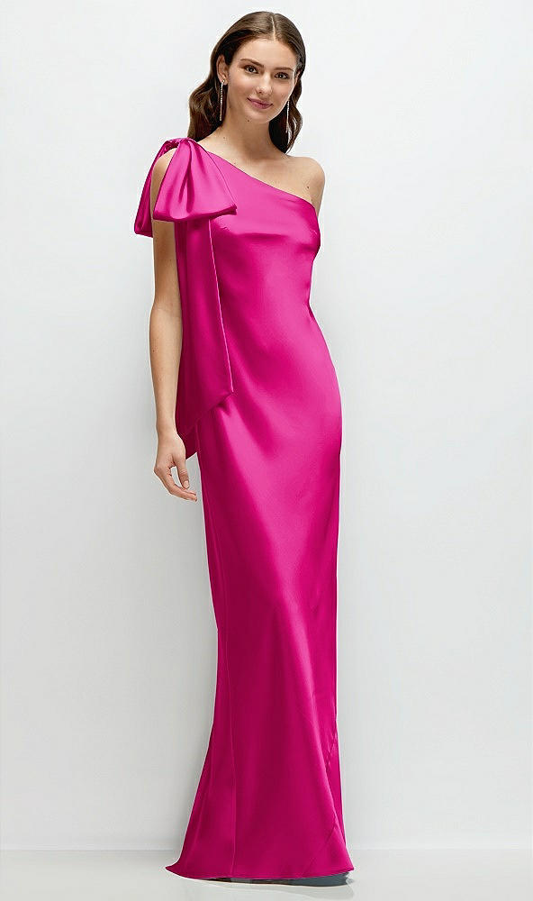 Front View - Think Pink One-Shoulder Bias-Cut Satin Maxi Dress with Cascading Shoulder Bow