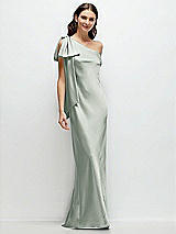 Front View Thumbnail - Willow Green One-Shoulder Bias-Cut Satin Maxi Dress with Cascading Shoulder Bow