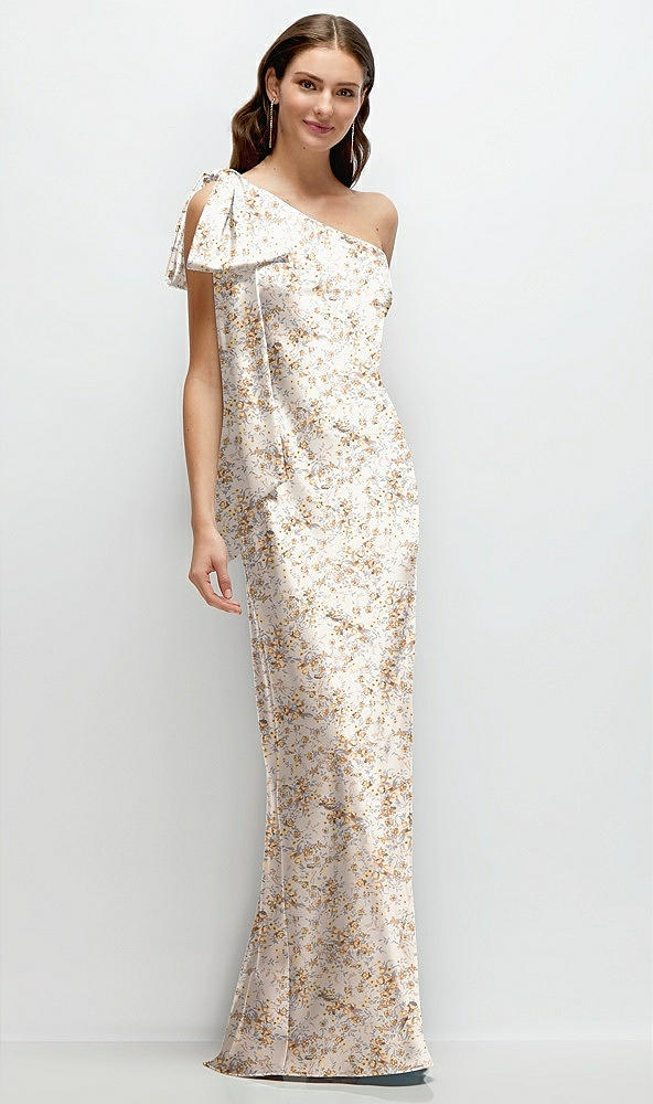 Front View - Golden Hour One-Shoulder Bias-Cut Floral Satin Maxi Dress with Cascading Shoulder Bow