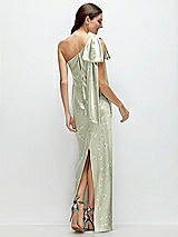 Rear View Thumbnail - Vintage Primrose Celadon One-Shoulder Bias-Cut Floral Satin Maxi Dress with Cascading Shoulder Bow