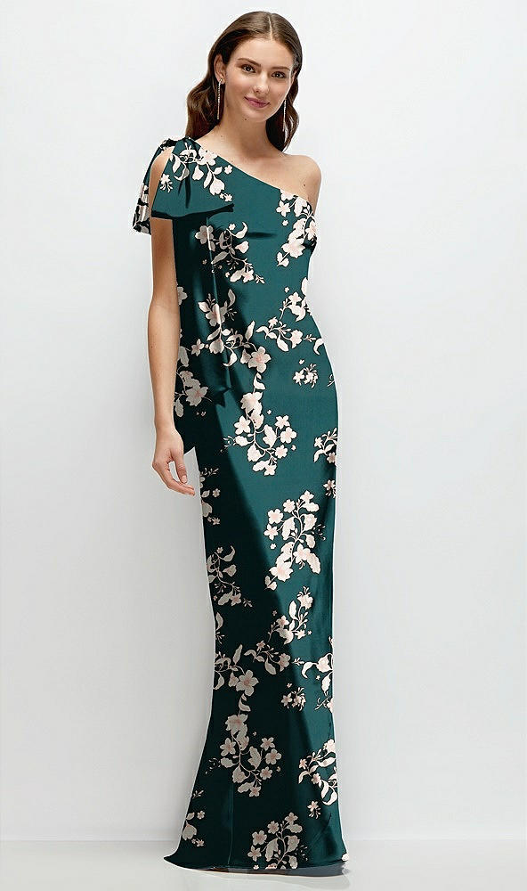 Front View - Vintage Primrose Evergreen One-Shoulder Bias-Cut Floral Satin Maxi Dress with Cascading Shoulder Bow