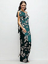 Side View Thumbnail - Vintage Primrose Evergreen One-Shoulder Bias-Cut Floral Satin Maxi Dress with Cascading Shoulder Bow