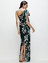 Rear View Thumbnail - Vintage Primrose Evergreen One-Shoulder Bias-Cut Floral Satin Maxi Dress with Cascading Shoulder Bow