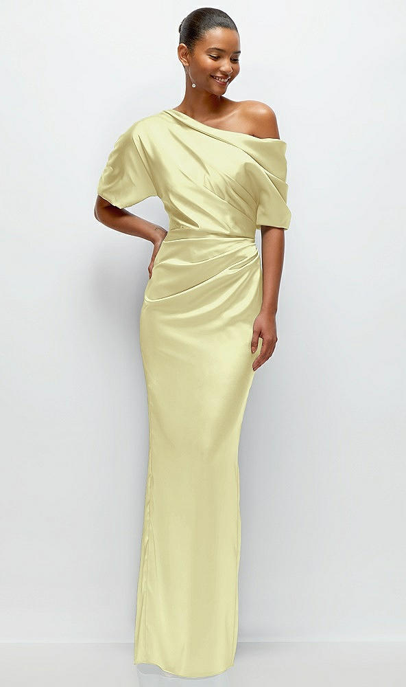 Front View - Butter Yellow Asymmetrical Off-the-Shoulder Pleated Satin Maxi Dress