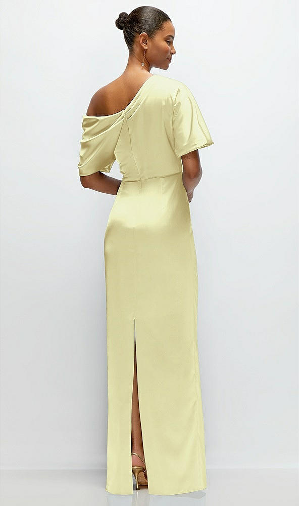 Back View - Butter Yellow Asymmetrical Off-the-Shoulder Pleated Satin Maxi Dress