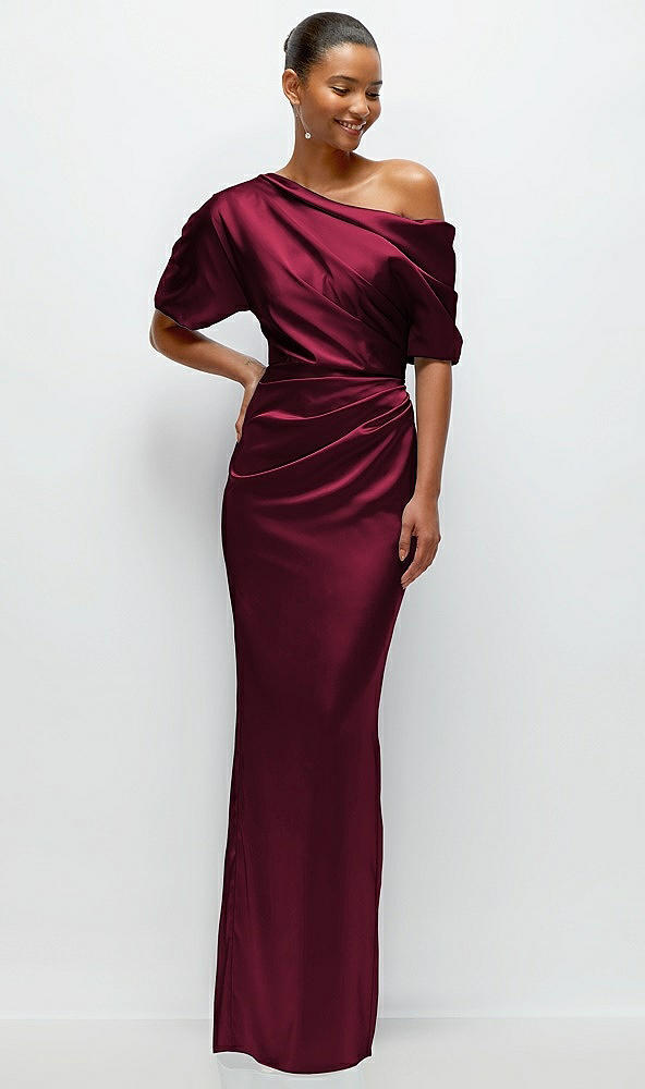 Front View - Cabernet Asymmetrical Off-the-Shoulder Pleated Satin Maxi Dress