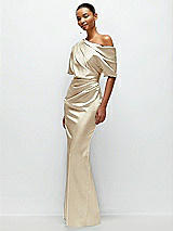 Side View Thumbnail - Champagne Asymmetrical Off-the-Shoulder Pleated Satin Maxi Dress